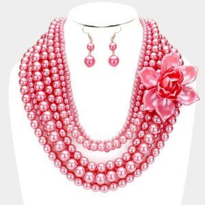 Floral Pink Collar Multi Strand Pearl Necklace Set